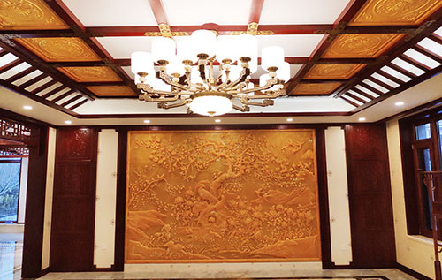 施秉中式别墅客厅中式木作横梁吊顶装饰展示